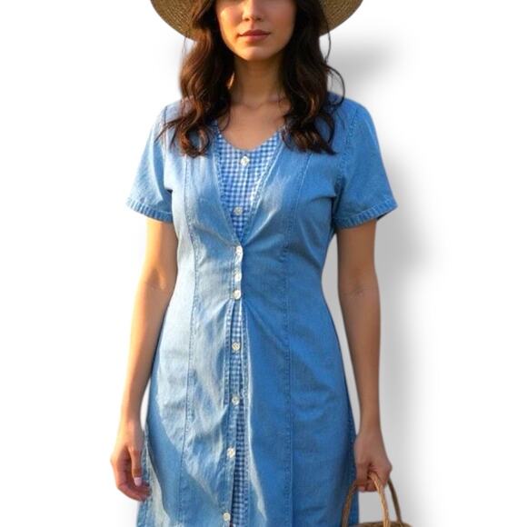 Vintage 90s Chambray Blue Gingham Checkered Pattern Prairie Dress Button Front - Picture 1 of 12